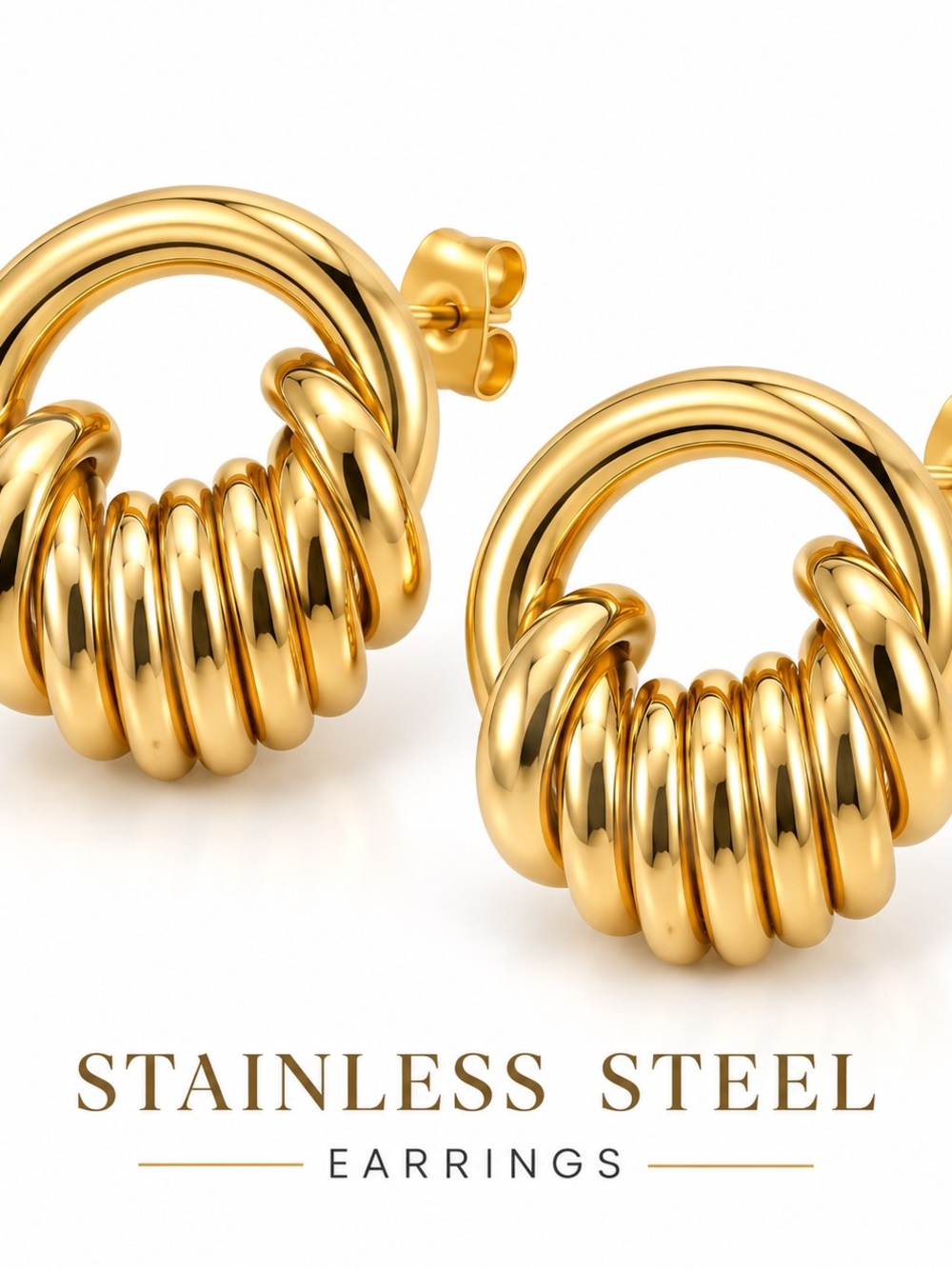 3 Gold-Tone Stainless Steel Hoop Earrings - Polished Gold Finish
